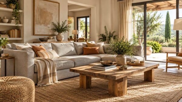 Salón decorado con sofá gris claro y muebles de madera