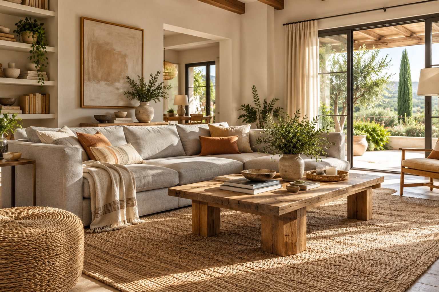 Salón decorado con sofá gris claro y muebles de madera Salón decorado con sofá gris claro y muebles de madera
