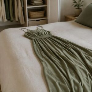 Vestido largo verde extendido sobre una cama antes de doblarlo.