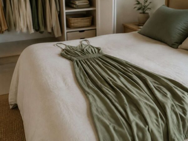 Vestido largo verde extendido sobre una cama antes de doblarlo.