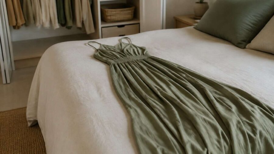 Vestido largo verde extendido sobre una cama antes de doblarlo.