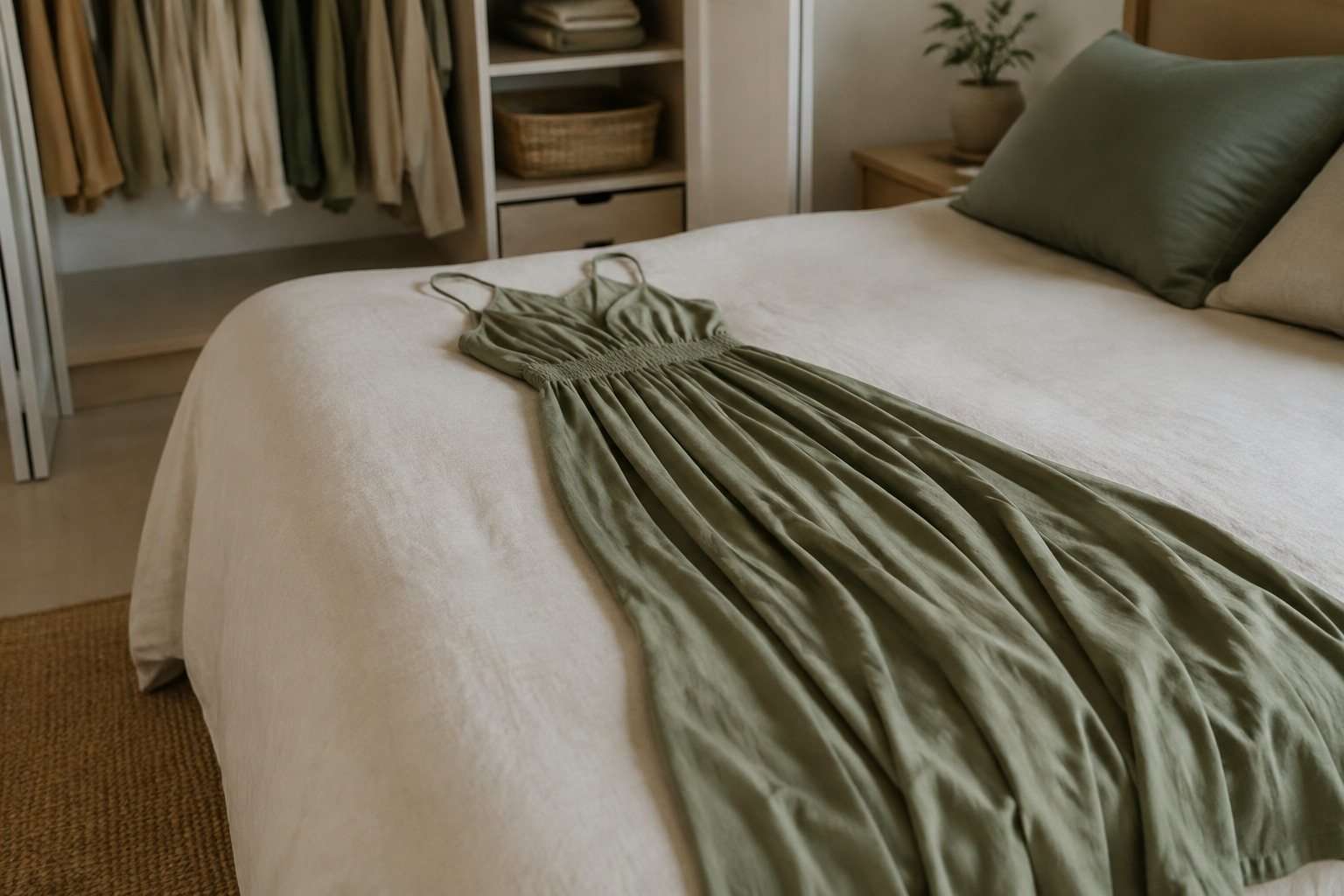 Cómo doblar un vestido largo para guardarlo sin marcarlo — Imagen 1 Vestido largo verde extendido sobre una cama antes de doblarlo.